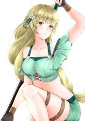 Rule 34 | 1girl, aplche, bare shoulders, blonde hair, breasts, cleavage, closed mouth, fingerless gloves, fire emblem, fire emblem: three houses, fire emblem heroes, flower, gloves, green eyes, hair flower, hair ornament, highres, holding, ingrid brandl galatea, long hair, medium breasts, nintendo, polearm, simple background, solo, swimsuit, thigh strap, weapon, white background