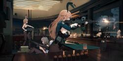 Rule 34 | 3girls, aa-12 (girls&#039; frontline), absurdres, alcohol, alternate costume, ammunition belt, ammunition box, animal ears, assault rifle, black leotard, blue eyes, breasts, brown eyes, brown hair, building, cleavage, cup, detached collar, fake animal ears, fake tail, firing, fishnet pantyhose, fishnets, from side, girls&#039; frontline, grey hair, gun, highleg, highleg leotard, highres, holding, holding gun, holding weapon, indoors, large breasts, leotard, long hair, m1918 (girls&#039; frontline), m1919a4 (girls&#039; frontline), machine gun, magazine (weapon), multiple girls, night, pantyhose, playboy bunny, rabbit ears, rabbit tail, rifle, sitting, strapless, strapless leotard, tactical playboy bunny, tail, takemori kohoto, weapon, window, wrist cuffs