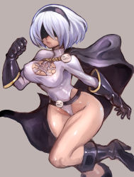 Rule 34 | 1girl, android, blindfold, boots, breasts, cape, cleavage, cosplay, covered erect nipples, curvy, dakusuta, dc comics, gloves, high heel boots, high heels, highleg, highleg leotard, highres, large breasts, leotard, nier (series), nier:automata, power girl (cosplay), shiny skin, solo, superhero costume, white hair, 2b (nier:automata)