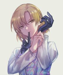 Rule 34 | 1girl, adjusting clothes, adjusting gloves, bang dream!, black gloves, blonde hair, glove in mouth, gloves, unworn gloves, grey background, long sleeves, mouth hold, narrowed eyes, sato masuki, shiny clothes, shiontaso, short hair, simple background, single glove, solo, upper body, yellow eyes