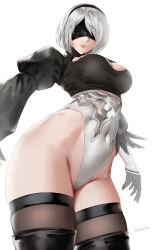 Rule 34 | 1girl, 2b (nier:automata), artist name, black blindfold, black footwear, black gloves, black hairband, black leotard, black thighhighs, blindfold, breasts, cleavage, cleavage cutout, closed mouth, clothing cutout, commentary request, covered eyes, cowboy shot, easonx, facing viewer, feathers, gloves, grey hair, hairband, highleg, highleg leotard, highres, juliet sleeves, large breasts, leotard, long sleeves, mole, mole under mouth, nier:automata, nier (series), puffy sleeves, short hair, simple background, solo, thighhighs, two-tone leotard, white background, white leotard