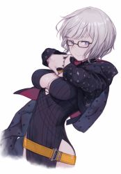 Rule 34 | 1girl, absurdres, breasts, cleavage, coat, colored skin, daisi gi, dress, fate/grand order, fate (series), genderswap, glasses, grey eyes, grey hair, grey skin, highres, jacques de molay (foreigner) (fate), knights templar, medium breasts, padded coat, short dress, short hair, smile, solo
