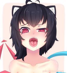 Rule 34 | 1girl, animal ears, antenna hair, asymmetrical wings, black hair, blush, collarbone, highres, houjuu nue, looking at viewer, mouse ears, nose blush, nude, nuenya, open mouth, oral invitation, portrait, red eyes, saliva, short hair, solo, tongue, tongue out, touhou, upper body, uvula, wings