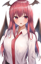 Rule 34 | 1girl, absurdres, aohane, bad id, bad pixiv id, blouse, blush, collared shirt, demon wings, fang, hair between eyes, has bad revision, has downscaled revision, head wings, highres, koakuma, long hair, md5 mismatch, necktie, open mouth, red eyes, red hair, red necktie, resolution mismatch, shirt, simple background, skin fang, solo, source smaller, touhou, white background, white shirt, wings