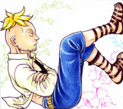 Rule 34 | 1boy, abstract background, blonde hair, capri pants, crossed arms, lowres, male focus, marco (one piece), one piece, open clothes, open shirt, pants, sandals, shirt, sitting, tattoo, white background