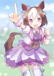 Rule 34 | 1girl, :d, absurdres, animal ears, blurry, blurry background, blush, breasts, brown hair, collared shirt, commentary request, depth of field, hair between eyes, hand up, highres, horse ears, horse girl, horse tail, ichi (ichi.colors), index finger raised, jacket, looking at viewer, multicolored hair, open clothes, open jacket, open mouth, outstretched arm, pleated skirt, puffy short sleeves, puffy sleeves, purple eyes, purple vest, shirt, short sleeves, skirt, small breasts, smile, solo, special week (umamusume), tail, thighhighs, two-tone hair, umamusume, vest, white hair, white jacket, white shirt, white skirt, white thighhighs, wrist cuffs