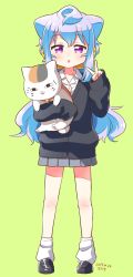 Rule 34 | 10s, 1boy, :o, animal, artist name, bell, blue hair, blush, cardigan, carrying, cat, collar, dated, fujisawa kamiya, full body, green background, grey skirt, hacka doll, hacka doll 3, highres, holding, holding animal, holding cat, jingle bell, long hair, long sleeves, looking at viewer, male focus, natsume yuujinchou, neck bell, nyanko-sensei, pleated skirt, purple eyes, shoes, simple background, skirt, solo, standing, trap, v, wing collar