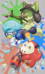 Rule 34 | ;d, absurdres, animal focus, artist name, bamboozler 14 (splatoon), baseball cap, black headwear, blue eyes, brown eyes, clothed pokemon, commentary request, creatures (company), earpiece, fang, fuecoco, game freak, goggles, grey background, gun, h-3 nozzlenose (splatoon), hat, highres, holding, holding gun, holding weapon, looking at viewer, nintendo, no humans, nullma, one eye closed, open mouth, paint, paint splatter, pokemon, pokemon (creature), quaxly, range blaster (splatoon), red eyes, signature, smile, splatoon (series), splatoon 3, sprigatito, starter pokemon trio, v-shaped eyes, weapon