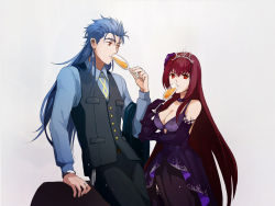 Rule 34 | 1boy, 1girl, alcohol, alternate costume, angry, blue hair, breasts, champagne, champagne flute, cleavage, collared shirt, cu chulainn (caster) (fate), cu chulainn (caster) (formal dress) (fate), cu chulainn (fate), cu chulainn (fate/stay night), cup, dress, dress shirt, drinking glass, ear piercing, earrings, elbow gloves, fate/grand order, fate (series), glass, gloves, heroic spirit formal dress, highres, jewelry, long hair, looking at another, looking away, pants, piercing, purple dress, purple gloves, purple hair, red eyes, ring, scathach (fate), scathach (formal dress) (fate), shirt, shitakawa, simple background, spiked hair, tiara, type-moon, vest, white background