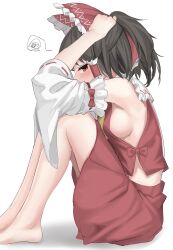 Rule 34 | 1girl, absurdres, arm on knee, armpits, ascot, blush, bow, breasts, brown hair, commentary, detached sleeves, feet, frilled bow, frilled hair tubes, frills, hair bow, hair tubes, hakurei reimu, hand on own head, highres, long hair, medium breasts, no bra, red bow, red eyes, red skirt, ribbon-trimmed sleeves, ribbon trim, sideboob, simple background, sitting, skirt, skirt set, solo, squiggle, touhou, white background, yellow ascot, youmu-kun