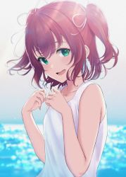 Rule 34 | 1girl, aqua eyes, bare arms, bare shoulders, commentary request, dress, feather hair ornament, feathers, hair ornament, hair ribbon, hands up, highres, kurosawa ruby, looking at viewer, love live!, love live! sunshine!!, open mouth, rama (yu-light8), red hair, ribbon, smile, solo, sundress, two side up, upper body, white dress, white feathers, white ribbon