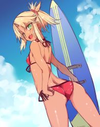 Rule 34 | 1girl, :d, ass, bikini, blonde hair, blue sky, braid, breasts, cloud, cloudy sky, day, dutch angle, fang, fate/apocrypha, fate/grand order, fate (series), french braid, from behind, front-tie bikini top, front-tie top, green eyes, half updo, halterneck, kurokuro, looking back, mordred (fate), mordred (fate) (all), mordred (fate/apocrypha), mordred (swimsuit rider) (fate), mordred (swimsuit rider) (first ascension) (fate), open mouth, outdoors, red bikini, short ponytail, side-tie bikini bottom, sky, small breasts, smile, solo, surfboard, swimsuit, tan