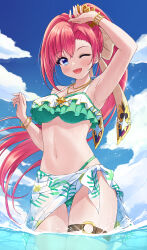 Rule 34 | 1girl, absurdres, akirappy, armpits, bikini, blue eyes, blush, breasts, day, floral print, green sarong, highres, long hair, looking at viewer, medium breasts, monster strike, navel, ocean, one eye closed, open mouth, outdoors, ponytail, print sarong, red hair, ribbon, sarong, sky, smile, solo, solomon (monster strike), swimsuit