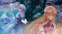Rule 34 | 2girls, alternate hair color, arm strap, backlighting, blonde hair, blue headwear, blue kimono, blue sash, blurry, bow, breasts, bug, butterfly, cherry blossoms, closed mouth, commentary request, depth of field, dress, expressionless, frilled shirt collar, frills, from side, full moon, hair between eyes, hair bow, hand up, hands up, hat, hat ribbon, highres, insect, japanese clothes, kimono, large breasts, lips, long hair, long sleeves, looking down, looking up, mi8uuuuk, mob cap, moon, motion blur, multiple girls, night, open hands, parted lips, petals, pink hair, puffy long sleeves, puffy sleeves, purple hair, purple tabard, red bow, ribbon, saigyou ayakashi, saigyouji yuyuko, sash, short hair, sidelocks, signature, tabard, touhou, triangular headpiece, upper body, veil, very long hair, white dress, white headwear, wide sleeves, wind, yakumo yukari