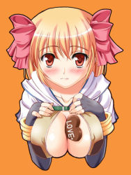 Rule 34 | 1girl, between breasts, blush, breasts, candy, chocolate, chocolate heart, cleavage, covered erect nipples, english text, food, heart, hunter, hunter (ragnarok online), large breasts, looking at viewer, orange background, ragnarok online, ribbon, simple background, solo