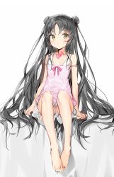 Rule 34 | 1girl, absurdres, babydoll, bare arms, bare legs, bare shoulders, barefoot, black hair, blush, brown eyes, closed mouth, commentary request, double bun, facial mark, fate/grand order, fate (series), forehead mark, full body, hair bun, highres, long hair, looking at viewer, one-piece swimsuit, parted bangs, pink babydoll, pink one-piece swimsuit, sessyoin kiara, sessyoin kiara (lily), sessyoin kiara (swimsuit mooncancer), silver (chenwen), sitting, solo, swimsuit, very long hair, white background, white one-piece swimsuit