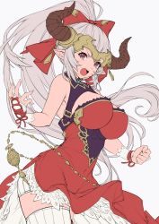 Rule 34 | 1girl, absurdres, aliza (granblue fantasy), bare shoulders, bow, breasts, cleavage cutout, clothing cutout, draph, dress, granblue fantasy, hair bow, highres, honyaru (nanairo39), horns, large breasts, long hair, pointy ears, ponytail, shorts under dress, side slit, solo, thighhighs