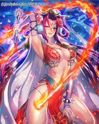 Rule 34 | 1girl, blush, bridal gauntlets, cape, fire, flower, fuji minako, holding, holding weapon, jewelry, long hair, lots of jewelry, navel, necklace, open mouth, red eyes, red hair, red skirt, sangoku infinity, skirt, smile, solo, weapon, whip