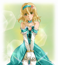 Rule 34 | 00s, 1girl, blonde hair, blue hairband, bracelet, dress, elbow gloves, female focus, frills, gloves, gown, hairband, jewelry, lowres, natalia luzu kimlasca lanvaldear, official alternate costume, short hair, smile, solo, tales of (series), tales of the abyss, yellow eyes