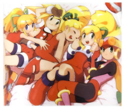 Rule 34 | 00s, 5girls, android, blonde hair, blue eyes, boots, capcom, child, closed eyes, dress, flat chest, gloves, green eyes, hair ribbon, hat, helmet, kataiwa yuri, knee boots, long hair, mega man: powered up, mega man (classic), mega man (series), mega man battle network, mega man battle network (series), mega man legends (series), multiple girls, multiple persona, official art, open mouth, pantyhose, ponytail, red shorts, red skirt, ribbon, roll.exe (mega man), roll (mega man), roll caskett (mega man), shorts, skirt, smile