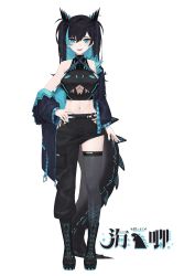 Rule 34 | 1girl, absurdres, asymmetrical clothes, bare arms, black footwear, black hair, black pants, blue eyes, blue hair, blue nails, boots, breasts, character name, colored inner hair, copyright request, fingernails, full body, grey thighhighs, haiz (vtuber), highres, hip vent, horns, large breasts, lizard tail, long hair, looking at viewer, multicolored hair, nail polish, pants, sharp teeth, simple background, single pantsleg, slit pupils, smile, solo, tail, teeth, thighhighs, two-tone hair, underboob, virtual youtuber, white background, whitem (whiteemperor2020)