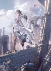 Rule 34 | 1girl, alternate costume, backless dress, backless outfit, bare shoulders, bird, blood, blood on clothes, blood on leg, building, cloud, cloudy sky, column, dated, dress, edelgard von hresvelg, fire emblem, fire emblem: three houses, greco-roman clothes, grey hair, hair ribbon, highres, long dress, long hair, looking to the side, minty0, nintendo, pillar, purple eyes, ribbon, roman clothes, rubble, ruins, signature, sky, sleeveless, sleeveless dress, solo, white dress