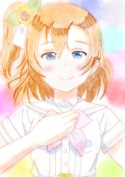 Rule 34 | 1girl, a song for you! you? you!, absurdres, artist name, artist request, belt, blue eyes, blush, female focus, flower, hair between eyes, hair flower, hair ornament, highres, kosaka honoka, looking at viewer, love live!, love live! school idol project, matcha grt, neckerchief, orange hair, parted lips, pink neckerchief, sailor collar, shirt, side ponytail, smile, solo, sunflower, white belt, white shirt