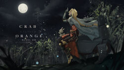 Rule 34 | 1boy, absurdres, artist name, blonde hair, braid, braided ponytail, cape, character name, chinese text, commentary, crab, crab in orange (the tale of food), cyborg, full moon, grey cape, highres, kiunchiku, male focus, mechanical arms, mechanical legs, moon, night, night sky, non-humanoid robot, rabbit, robot, robot animal, shoulder pads, single braid, sitting, sky, solo, the tale of food, watermark