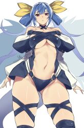 Rule 34 | 1girl, angel wings, asymmetrical wings, bare shoulders, belt, black choker, black panties, black thighhighs, blue hair, breasts, choker, collarbone, dated, detached sleeves, dizzy (guilty gear), feathered wings, gluteal fold, groin, guilty gear, guilty gear x, guilty gear xx, hair between eyes, hair ribbon, hair rings, highres, kuma (jk0073), large breasts, long hair, long sleeves, midriff, monster girl, navel, off shoulder, open mouth, panties, puffy long sleeves, puffy sleeves, red eyes, ribbon, sideboob, sidelocks, signature, simple background, skindentation, solo, stomach, tail, thick thighs, thigh gap, thighhighs, thighs, twintails, underboob, underwear, white background, wings, yellow ribbon