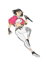 Rule 34 | 1girl, absurdres, black footwear, black hair, cropped shirt, fingerless gloves, floating hair, from behind, gloves, grey gloves, highres, holding, holding knife, jacket, kebkebab, knife, looking back, looking down, one eye closed, pants, pink jacket, pink shirt, rogue company, ronin (rogue company), shirt, shoes, short hair, sneakers, solo, tongue, tongue out, white pants, yoga pants