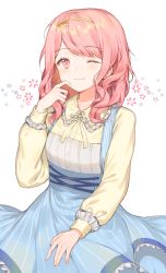 Rule 34 | 1girl, absurdres, apron, bang dream!, beige blouse, blouse, blue apron, blush, collarbone, commentary, cowboy shot, cyg38801, floral background, frilled shirt collar, frills, hair ribbon, hand up, highres, light smile, long sleeves, looking at viewer, maruyama aya, medium hair, one eye closed, pink eyes, pink hair, puffy sleeves, ribbon, shirt, simple background, sleeve cuffs, solo, striped apron, striped clothes, swept bangs, wavy hair, white background, yellow ribbon
