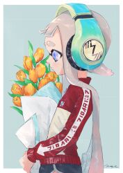 Rule 34 | 1girl, black shorts, blue background, border, bouquet, closed mouth, commentary request, dolphin shorts, flower, from side, grey trim, headphones, highres, holding, holding bouquet, inkling, inkling girl, inkling player character, long hair, nintendo, outside border, pppmepl, purple eyes, shorts, simple background, solo, splatoon (series), standing, tentacle hair, thick eyebrows, tulip, white border, yellow flower, yellow tulip