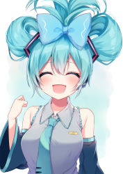 Rule 34 | 1girl, :d, aqua hair, bare shoulders, bow, cinnamiku, closed eyes, detached sleeves, grey shirt, hair bow, hair rings, happy, hatsune miku, headset, highres, necktie, open mouth, shinonome asu, shirt, simple background, sleeveless, smile, solo, twintails, upper body, vocaloid, white background