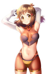 Rule 34 | 1girl, armpits, arms behind head, arms up, bodysuit, breasts, brown bodysuit, brown eyes, brown hair, closed mouth, commentary request, covered navel, elbow gloves, gloves, hair ornament, hairclip, highres, looking at viewer, mad (hazukiken), medium breasts, navel, scar, see-through, senki zesshou symphogear, simple background, smile, solo, standing, tachibana hibiki (symphogear), white background, white gloves