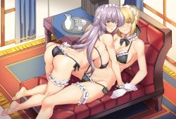 Rule 34 | 2girls, all fours, alternate breast size, alternate costume, alternate hair length, alternate hairstyle, artoria pendragon (all), artoria pendragon (fate), ass, bikini, black bikini, black ribbon, blonde hair, braid, breasts, carpet, collar, commentary request, couch, curtains, fate/grand order, fate (series), french braid, frilled collar, frills, from above, full body, groin, hair between eyes, hair bun, hanging breasts, highres, jeanne d&#039;arc (fate), jeanne d&#039;arc alter (avenger) (fate), jeanne d&#039;arc alter (fate), large breasts, long hair, looking at viewer, lying, maid headdress, midriff, multiple girls, neck ribbon, on back, ribbon, saber alter, shirokuma a, sidelocks, silver hair, single hair bun, sketch, skindentation, smile, stomach, swimsuit, thighs, tray, underboob, very long hair, window, yellow eyes, yuri