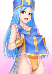 Rule 34 | 1girl, blue hair, cowboy shot, cross, dragon quest, dragon quest iii, gradient background, hai (h81908190), hat, highleg, highleg swimsuit, lifting own clothes, long hair, mitre, one-piece swimsuit, open mouth, orange one-piece swimsuit, priest (dq3), red eyes, simple background, smile, solo, swimsuit, tabard, teeth, upper teeth only, white background