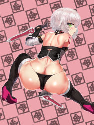 Rule 34 | 1girl, absurdres, ass, back, bad id, bad pixiv id, bandaged arm, bandages, bare shoulders, black panties, black thighhighs, blush, dimples of venus, dual wielding, fate/apocrypha, fate (series), from behind, gloves, green eyes, high heels, highres, holding, jack the ripper (fate/apocrypha), knife, lips, looking at viewer, looking back, open mouth, panties, pink background, scar, short hair, shoulder blades, shoulder tattoo, silver hair, skindentation, solo, squatting, suisogenshi, tattoo, thighhighs, thighs, underwear, weapon