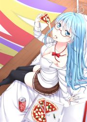 Rule 34 | 10s, 1girl, antenna hair, arm support, black thighhighs, blue eyes, blue hair, bow, breasts, cleavage, denpa onna to seishun otoko, drink, eating, food, from above, glasses, kaeru no ashi, long hair, looking up, matching hair/eyes, off shoulder, pizza, pleated skirt, school uniform, sitting, skirt, solo, thighhighs, tongue, touwa erio, very long hair, zettai ryouiki