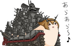 Rule 34 | battleship, big shiee, cannon, check commentary, commentary request, crossover, gunsou, highres, kantai collection, metal slug, military, military vehicle, musical note, mutsu (kancolle), mutsu (kantai collection), mutsu (snail), no humans, parody, quaver, ship, simple background, smile, solo, treadmill, warship, watercraft, white background