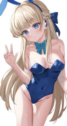 Rule 34 | 1girl, absurdres, animal ears, armpit crease, bare shoulders, blonde hair, blue archive, blue bow, blue eyes, blue hairband, blue leotard, bow, bowtie, braid, breasts, detached collar, earpiece, fake animal ears, groin, hairband, highleg, highleg leotard, highres, leotard, long hair, medium breasts, nersiyan, official alternate costume, official alternate hairstyle, playboy bunny, rabbit ears, solo, thighs, toki (blue archive), toki (bunny) (blue archive), very long hair, w, white background, wrist cuffs