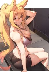 Rule 34 | 1girl, animal ears, arm up, ass, bare arms, bare shoulders, bench, black panties, black shorts, blonde hair, breasts, butt crack, cleavage, commission, crop top, duplicate, ellin meiji, fox ears, hair intakes, highres, k pring, large breasts, long hair, looking at viewer, looking to the side, midriff, original, panties, ponytail, red eyes, see-through, short shorts, shorts, sidelocks, sitting, smile, solo, sports bra, strap gap, sweat, thighs, towel, underwear, very long hair