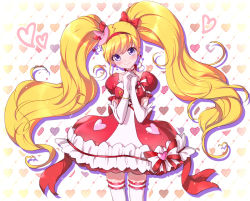 Rule 34 | 1girl, asahina mirai, blonde hair, bow, choker, cowboy shot, cure miracle, cure miracle (ruby style), frills, gloves, hair bow, hairband, hat, heart, heart background, long hair, looking at viewer, magical girl, mahou girls precure!, mini hat, mini witch hat, own hands clasped, own hands together, pink hat, precure, purple eyes, red bow, red skirt, ruby style, skirt, smile, solo, striped, striped bow, thighhighs, tsuru ringo, twintails, white gloves, white thighhighs, witch hat