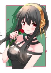 Rule 34 | 1girl, absurdres, bare shoulders, black dress, black hair, blush, closed mouth, commentary request, dress, flower, green background, hair between eyes, hairband, hand up, highres, holding, holding flower, long hair, looking at viewer, petals, red eyes, red flower, shibakame, smile, solo, spy x family, two-tone background, upper body, white background, yellow hairband, yor briar