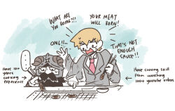 Rule 34 | ..., 2boys, arrow (symbol), beard, black hair, blonde hair, chopsticks, commentary, cooking, crossover, dungeon meshi, dwarf, english commentary, english text, facial hair, food, formal, helmet, highres, long sleeves, male focus, mob psycho 100, multiple boys, necktie, open mouth, pink necktie, reigen arataka, senshi (dungeon meshi), short hair, simple background, spoken ellipsis, suit, sweat, thick mustache, vmelodyta, waving arm, white background