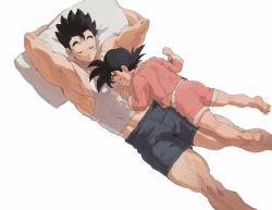 Rule 34 | 2boys, black hair, black shorts, brothers, closed eyes, dragon ball, dragonball z, highres, large pectorals, lying, lying on person, male focus, multiple boys, muscular, muscular male, on back, pectorals, pillow, pink shirt, pink shorts, shirt, short hair, shorts, siblings, simple background, sleeping, son gohan, son goten, spiked hair, tank top, vivi95862484, white background, white tank top