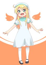 Rule 34 | 1girl, :3, ahoge, alternate costume, angel wings, blush, commentary request, habit, himesaka noa, kneehighs, looking at viewer, mini wings, mitsukiro, nun, open mouth, orange background, outstretched arms, puffy short sleeves, puffy sleeves, shoes, short sleeves, smile, socks, solo, thick eyebrows, two-tone background, watashi ni tenshi ga maiorita!, white background, white socks, wings