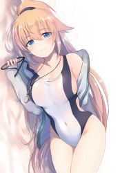 Rule 34 | 1girl, absurdres, bare shoulders, bed sheet, blonde hair, blue eyes, blush, breasts, cleavage, closed mouth, collarbone, commentary request, competition swimsuit, covered navel, dyson (edaokunnsaikouya), unworn eyewear, fate/grand order, fate (series), fingernails, hair between eyes, hand up, head tilt, high ponytail, highres, holding, holding removed eyewear, jacket, jeanne d&#039;arc (fate), jeanne d&#039;arc (ruler) (fate), jeanne d&#039;arc (swimsuit archer) (fate), jeanne d&#039;arc (swimsuit archer) (second ascension) (fate), large breasts, long hair, lying, off shoulder, on side, one-piece swimsuit, open clothes, open jacket, ponytail, sleeves past wrists, smile, solo, swimsuit, very long hair, whistle, whistle around neck, white background, white jacket, white one-piece swimsuit
