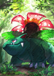 Rule 34 | absurdres, bright pupils, claws, closed mouth, commentary request, creatures (company), day, fangs, fangs out, game freak, gen 1 pokemon, grass, highres, narumi hyou, nintendo, no humans, outdoors, pokemon, pokemon (creature), red eyes, solo, standing, tree, venusaur, white pupils