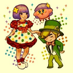 Rule 34 | 1boy, 1girl, bad id, bad twitter id, blonde hair, bow, bowtie, closed eyes, formal, hand grab, hat, holding hands, kirby, kirby (series), kyary pamyu pamyu, link, madogiwa totto, nintendo, pointy ears, purple hair, short hair, smile, suit, the legend of zelda, the legend of zelda: the wind waker, toon link, top hat, traditional bowtie