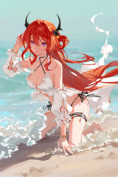 Rule 34 | absurdres, arknights, arm up, bare shoulders, barefoot, beach, bikini, black choker, black ribbon, bracelet, breasts, burnt clothes, choker, cleavage, closed mouth, criss-cross halter, detached sleeves, full body, halterneck, hand in own hair, highres, horn ornament, horns, jewelry, kneeling, long hair, long sleeves, looking at viewer, medium breasts, ocean, official alternate costume, purple eyes, red hair, ribbon, side-tie bikini bottom, star (symbol), surtr (arknights), surtr (colorful wonderland) (arknights), swimsuit, swimsuit cover-up, thigh strap, very long hair, water, zlx